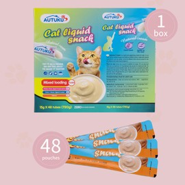 AUTUKU Cat Treats, Lickable Snack, Squeezable Creamy Puree with Chicken & Tuna & Salmon Mix of Three Flavors, 0.52 Ounces Each Tube, 48 Tubes