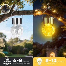 LQWELL Solar Hängeleuchten für außen, 4 STK Solar Außenleuchten, Crackle Glaskugel LaterneLicht, Wasserdicht, Mehrere Farben, Rissiges , Automatischer Wechsel für Party, Garten, Zaun, Baum Deko