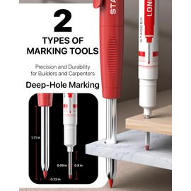 STAGEEK 2PCS Carpenter Pencils with Sharpener, Heavy Duty Woodworking Tools, Mechanical Pencil Set with 26 Refills, Deep Hole Long Nib Marker Pens for Architect Marking with Case (Black, Red)