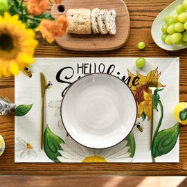 Artoid Mode Beige Sunflower Bees Summer Placemats Set of 4, 12x18 Inch Seasonal Spring Holiday Table Mats for Party Kitchen Dining Decoration