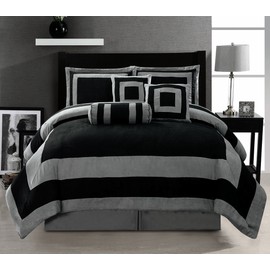 Grand Linen Oversize Black/Grey Comforter Set Micro Suede Patchwork Bed in A Bag (California) Cal King Size Bedding