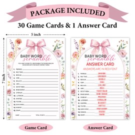 Yuansail Baby Word Scramble Game for Baby Shower, 30 Pink Bow Floral Gender Reveal Party Games Cards with 1 Answer Card, Activities Supplies & Decorations -A002