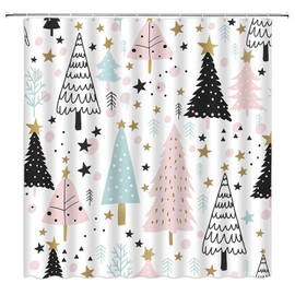 Merry Christmas Shower Curtain Xmas Tree Snowflake Pine Tree Forest Winter Holiday Featival Rustic Pink Blue Bathroom Home Curtain with Hooks,70" Wx70 H