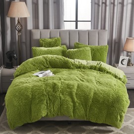 WERDIM Shaggy Fluffy Faux Fur Duvet Cover Set Button Closure Velvety Bedding Set Comforter Cover with Pillowcases Apple Green, Queen Size