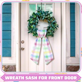 CraftyDream Wreath Sash for Front Door Wreath Satin Sash Blank Sashes Embroidery Monogram Yard Doorway Indoor Outdoor Wall Ribbon Bow Home Decor(Pastel,Easter Buffalo Plaid)