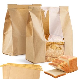 MAQIHAN 24 Bread Bags with Reusable Ties - Homemade Sourdough Bread Storage Bags Brown Paper Bagel Loaf Bakery Bags with Window Toast Bags with Resealable Ties Disposable Baked Goods Sale Packaging
