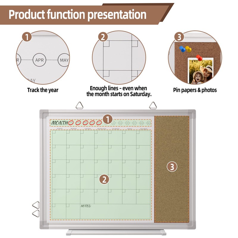 Dry Erase Calendar Whiteboard with Cork Board for Wall, Magnetic