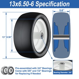 Cubesprings13x6.50-6 Lawn Mower Tires, Flat Free Zero Turn Front Tires with 3/4", 5/8" and 1/2" Bearings, 5.6"- 8.7" Centered Hub, Compatible with Lawn Mower and Garden Tractor White Rim - 2Pack
