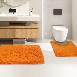 Flotstiga Bathroom Rugs Sets 2 Piece,Super Absorbent Soft,Thick,Machine Washable Chenille Bath Mat,Non Slip Toilet Floor Rug,Bath Mats for Bathroom,20x32 Plus 20x20 U Shape,Orange