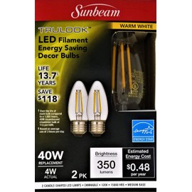 Sunbeam Trulook LED Filament Energy Saving Decor Bulbs, Warm White, 2-Pack