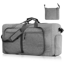 AiQInu Foldable Travel Bag Large 65L, 600D Waterproof Travel Bag Hand Luggage with Shoe Compartment, Women Men Sports Bag for Camping, Travel, Fitness - 61 x 27 x 34 cm, Grey, gray, Cationic sports