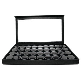 Novel Box Large Jewelry Display Case 14.75x8.25x1.15 + 36 Gems Jars - Magnetic Jewelry Box Detachable Clear Acrylic Lid & Black Tray Foam Liner - Rock Storage Box - Display Box for Collectibles
