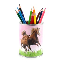 Pencil Cup Horses Pink with 12 Triangular Colouring Pencils, Children's Pencil Holder, Desk Organiser, Girls