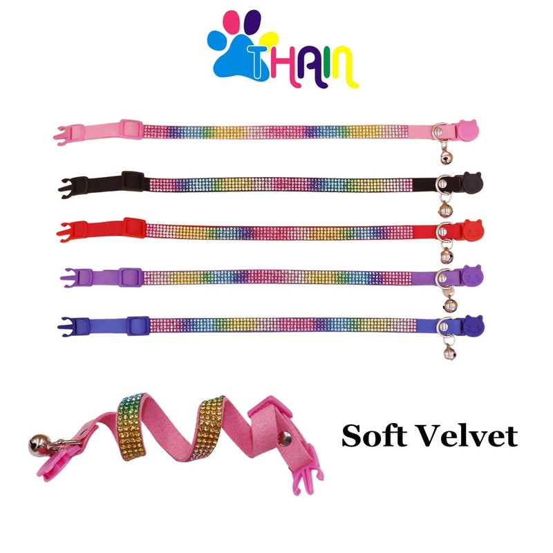 THAIN Bling cat kitten collar Rainbow Rhinestone breakaway diamond with