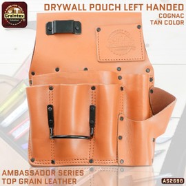 Graintex AS2698 Drywall Pouch Left Handed Ambassador Series Cognac Tan Color Top Grain Leather, 1 Hammer Holder, Drywall Tool Belt, Framers Tool Pouch, Construction, Carpenter, Electricians