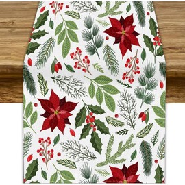 JanJCurt Camino de mesa de flores de Navidad, invierno de Navidad, hojas de rama verde, pascua, feliz año nuevo, camino de mesa para día festivo, mesa de cocina, interior al aire última intervensión,