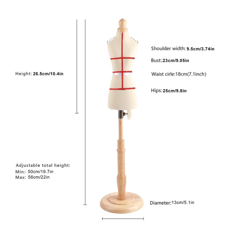 Female Mannequin Torso Dress Shape with Height-Adjustable Stand, Wooden Base,