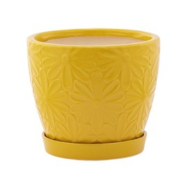 Napco Imports Embossed Daisy Design 5.5 x 5.75 Inch Dandelion Yellow Ceramic Indoor Planter Pot with Attached Saucer