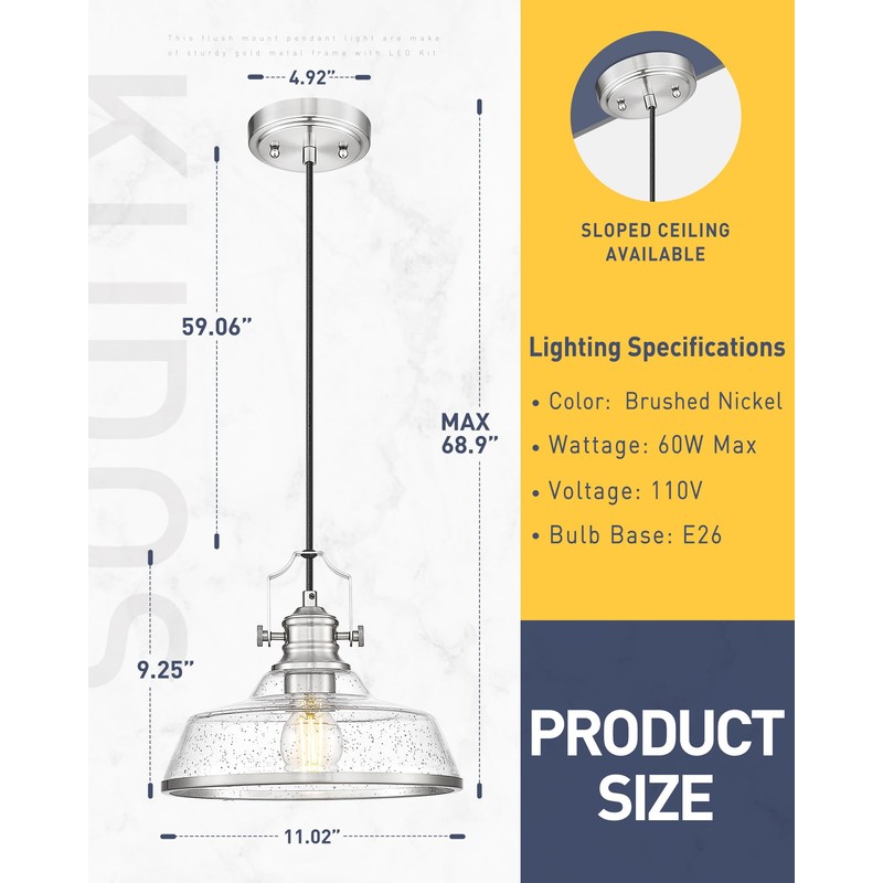 kudos Brushed Nickel Pendant Lights Kitchen Island, Large Pendant Light