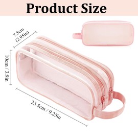 RuiChy Transparent Mesh Pen Case, Pencil Case, Large Capacity, Double Layer, Zipper, Pencil Pouch with Handle, Multi-functional, Accessory Case, Cosmetic Bag, Elementary School, Middle School, High