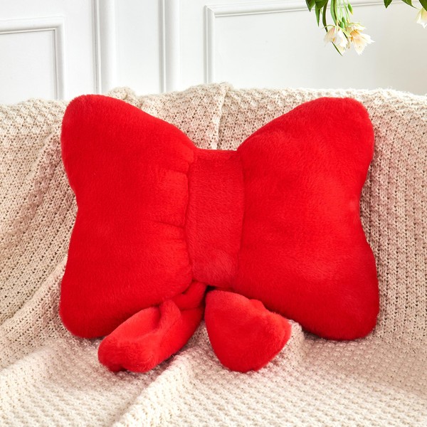 XVTRU Red Bow Pillow, Soft Bow Decorative Pillows with Faux