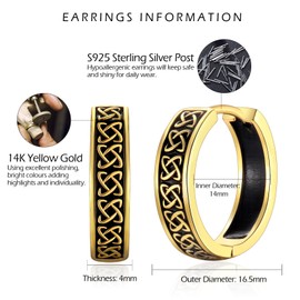 VYYU Gold Earrings for Men - S925 Sterling Silver Earrings for Women, Mens Black Cool Hoop Earrings | Huggie Gold Hoop Earrings Jewellery Gifts Earrings for Men Christmas Birthday Gifts, 14mm