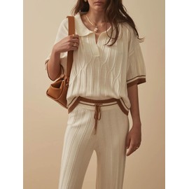 Tankaneo Women's 2 Piece Knit Lounge Sets Short Sleeve Sweater Lapel V Neck Tops Wide Leg Pants Tracksuit Outfits