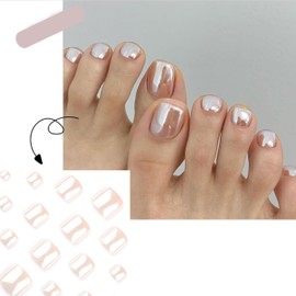 Pack of 24 Aurora Glitter Press On Toenails - Short Square French Toenails, Full Cover Nail Tips, Artificial Toenails for Women, 12 Sizes