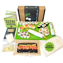 Global Grub DIY Sushi Making Kit - Sushi Kit With Ingredients - Sushi Rice, Nori Sushi Seaweed, Sushi Rice Seasoning, Sesame Seeds, Wasabi Powder - Bamboo Rolling Mat, Instructions, Makes 48 Pieces