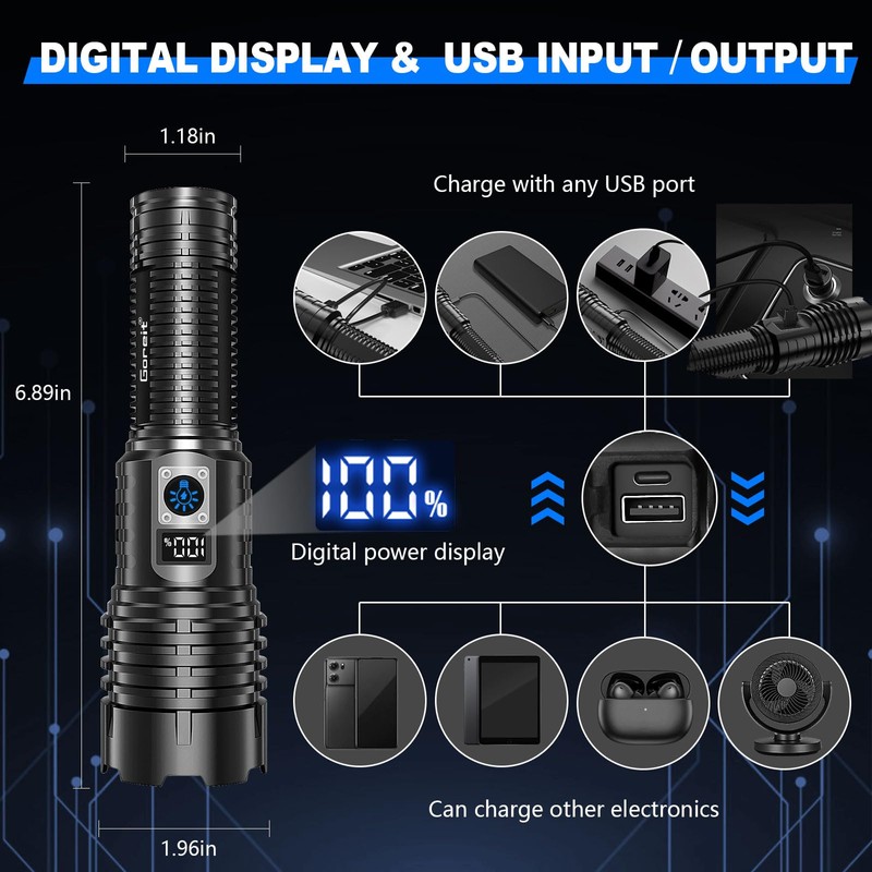 Goreit Flashlights LED High Lumens Rechargeable, 2000 Lumens XHM77.2 Super