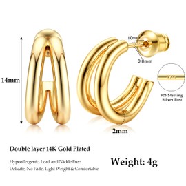 DOCHAIS Gold/Silver Double Hoop Earrings 925 Silver, 14K gold-plated split open hoop earrings with zirconia, Hypoallergenic small Huggie hoop earrings for women and girls, 14mm, silver/gold