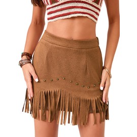 Breoklla Western Skirts for Women Fringe Mini Suede Cowgirl Skirt for Country Concert Rodeo Outfit Rave Festival(2503B,Brown,S)