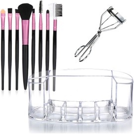 com-four® 10 Piece Makeup Set - Professional Cosmetic Brushes, Cosmetic Organiser and Eyelash Curler [Colour Varies!] (10 Pieces - Organiser/Brush/Eyelashes)
