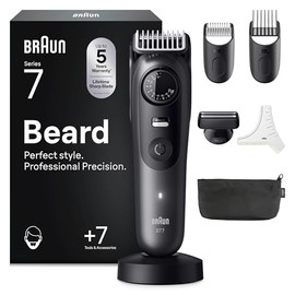 Braun Beard Trimmer Series 7, +7 Barbering Tools, Mens Beard Trimmer with Lifetime Sharp ProBlade, Up to 120 Min Runtime, 40 Lengths, Waterproof, PrecisionWheel & Lock, BT7525, Grey