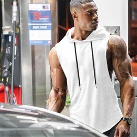 Babioboa Men's Sleeveless Training Muscle Hoodies 2 Pack Sleeveless Shirts Sports Tank Tops with Hood(Black/White,M)