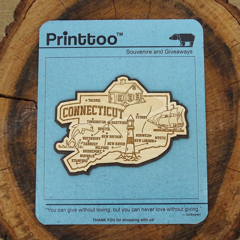 Printtoo Gift Collectibles Souvenir Wooden Connecticut Engraved Fridge Magnet