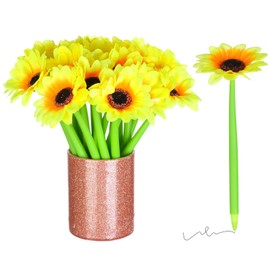 CoscosX 28 Pcs Flowers Pen Artificial Sunflower Pens Flowers Ballpoint Pen Black 0.5mm Gel Ink Rollerball Pen Valentine's Day Writing Pens for Women Girls Teens Office School Supplies Students Kids