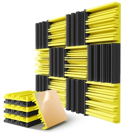 12 Pack Acoustic Foam Panels for Walls, 12" x 12" x 2" Soundproof Wall Panels, Self-Adhesive Soundproofing Padding, High Resilience Sound Absorbing Panels for Home Studios, Offices - Black & Yellow
