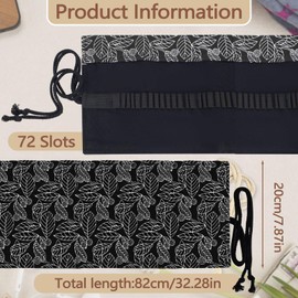 72 Slots Canvas Pencil Roll Wrap, Handmade Roll-Up Canvas Pencil Wrap, Colored Pencils Wrap, for Artists Painting, Sketchers (Black & Leaf)