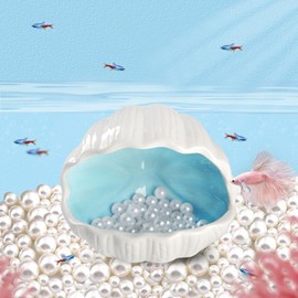 PENCK Betta Fish Tank Accessory Decor Cute Ceramic Aquarium Cave Shell Shape Fish House Hideout Ornament for Shrimp Fish Hiding Playing (Blue + 50pcs Pearl)
