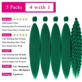 Green Braiding Hair Pre Stretched with Boho Hair Braids Curly Deep Ocean Wave Crochet Hair Synthetic Knotless Boho Wavy Braiding Hair Extensions 5 Packs