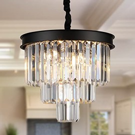 AXILIXI Modern Crystal Chandeliers 16” Black Ceiling Pendant Light Fixture 3 Tiers Dimmable Flush Mount Chandeliers Round Raindrop for Living Room Dining Room Foyer Kitchen Entryway