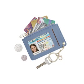 Small Wallets for Women Slim Leather Card Case Holder Wallet Coin Change Purse with Keychain, Dark Blue, Small