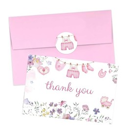 24 Pack Baby Shower Pink Thank You Cards with Envelopes & Stickers 4x6 Inch-Girl Baby Shower Greeting Cards Watercolor Delicate Wildflower for Baby Shower Party