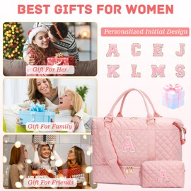 CLOUDWINGS Gifts for Women Initial Travel Duffle Bag Quilted Weekender Carry-On Overnight with Cosmetic Bag, Gym Bag with Shoe Compartment Hospital Bag for Labor Delivery, Pink A