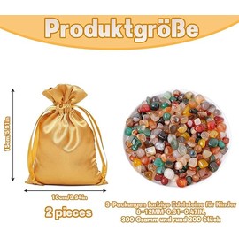 Pack of 200 Gemstones for Children, Semi-Precious Stones Mix, Tumbled Stones 9 mm - 12 mm for Treasure Hunting and Educational Games, Includes 2 Golden Storage Bags
