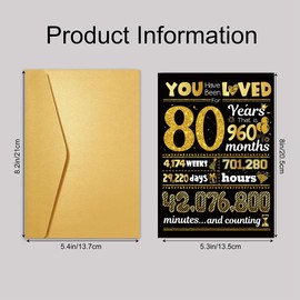 TOPWAYS 80th Birthday Card, You Have Been Loved for 80 Years Happy Birthday Cards, Funny Gifts Greeting Card, Anniversary Card with Envelope, Black Gold Birthday Decorations for Man Woman (80 years)