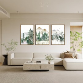 ANHUIB Watercolor Mountain Wall Art 24x36 Inch Framed Forest Painting Foggy Nature Landscaoe Room Decor Set of 3 for Living Room Bedroom Bathroom