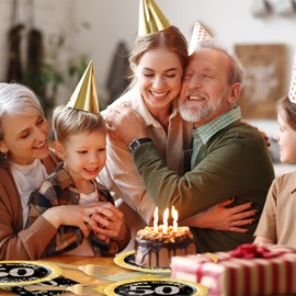 Egami 48pcs 50th Party Supplies,include 16 Dessert plate,16 Napkin and 16 Fork,50th Birthday Plate Napkin Fork Set,Used for 50th Black and Gold Party Decoration