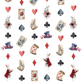 Vintage Wonderland Party Decorations Retro Bunny Poker Pocket Watch Mad Hat Hanging Streamer Garland Banner for Vintage Easter Spring Birthday Wedding Shower Bachelorette Tea Party Decor Supplies